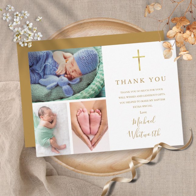 Elegant 3 Photo Gold Signature Script Baptism Thank You Card (Creator Uploaded)