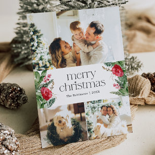Elegant 3 Photo Winter Botanical Merry Christmas Holiday Card