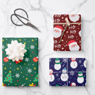 Elegant 3 Santa with Snow Man Background Pretty Wrapping Paper Sheet