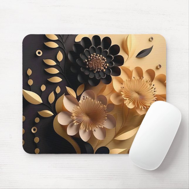 Elegant 3D Black and Gold Flowers Mouse Pad (With Mouse)