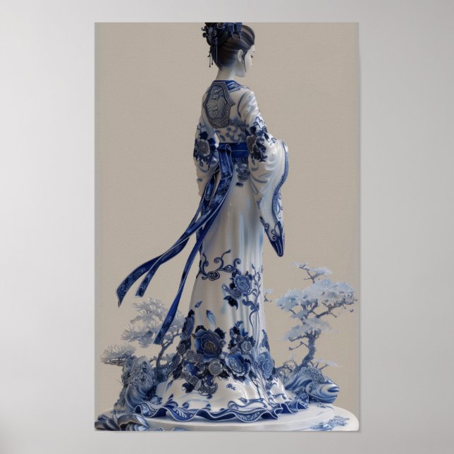 Elegant 3D Blue and White Porcelain Poster with Tr (Front)