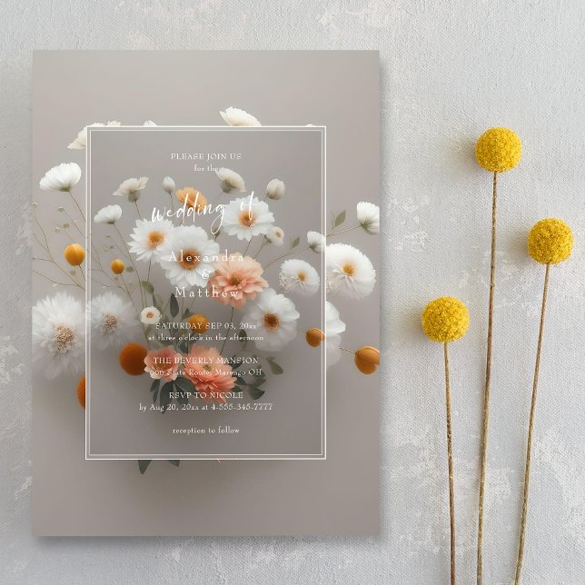 Elegant 3D Floral Frame White Flowers Wedding Invitation (Charming elegance. 3D frame. Unique wedding invitation.)