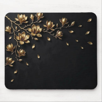 Elegant 3D Gold Flowers on Black Mouse Pad - Luxur