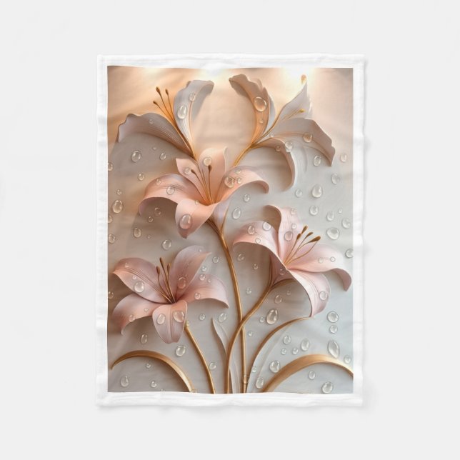 Elegant 3D Lilies with Dew Drops Fleece Blanket (Front)