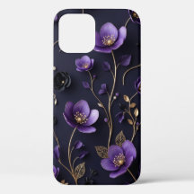 Elegant 3D Purple & Gold Floral Botanical Pattern