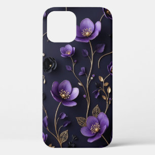 Elegant 3D Purple & Gold Floral Botanical Pattern  iPhone 12 Case