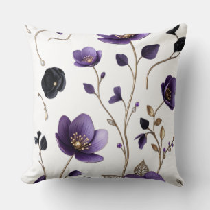 Elegant 3D Purple & Gold Floral Botanical Pattern Cushion
