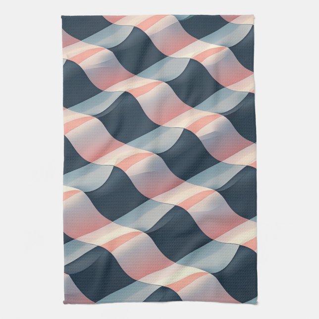 Elegant 3D Wave Pattern in Teal, Rose, and Cream Tea Towel (Vertical)