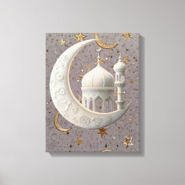 Elegant 3D White Crescent & Mosque Ramadan Design Canvas Print (Front)