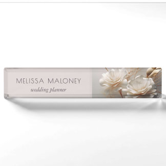 Elegant 3D White Gold Roses Nameplate