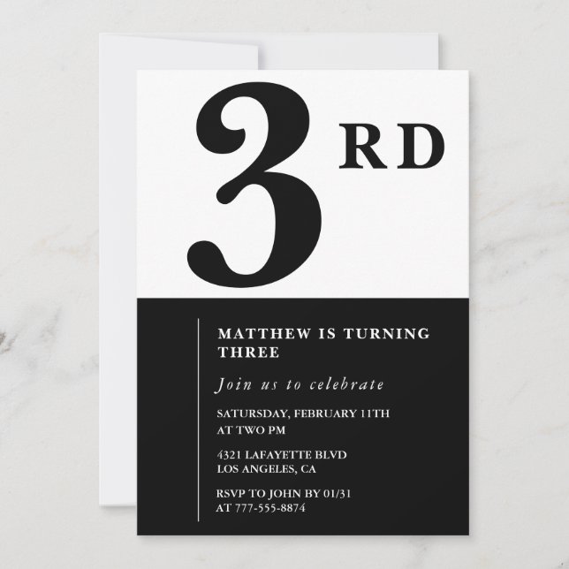 Elegant 3rd birthday invitation Black Chic Modern (Front)