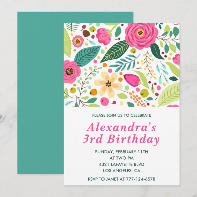 Elegant 3rd birthday invitations Floral Colourful  (Front/Back)
