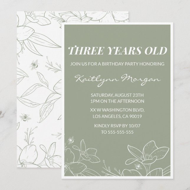 Elegant 3rd birthday invitations Floral Green (Front/Back)