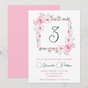 Elegant 3rd birthday invitations Floral Pink