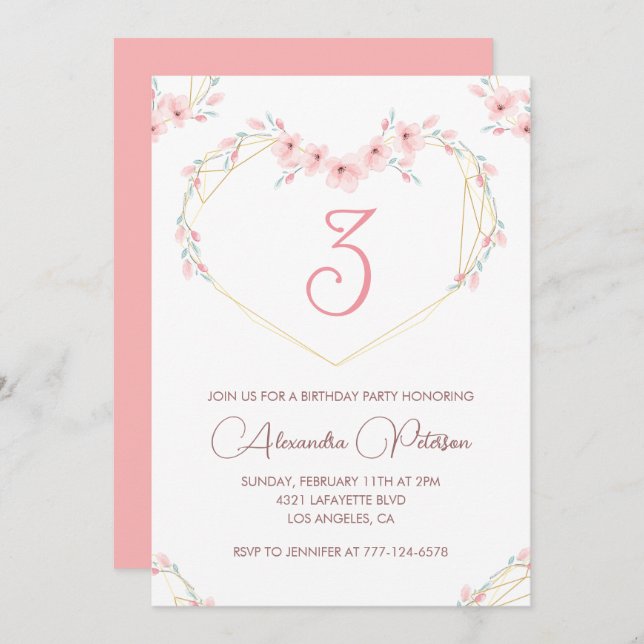 Elegant 3rd birthday invitations Pink Floral  (Front/Back)