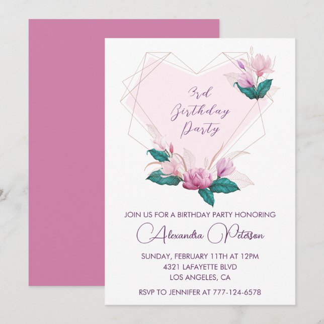 Elegant 3rd birthday invitations Pink flowers  (Front/Back)
