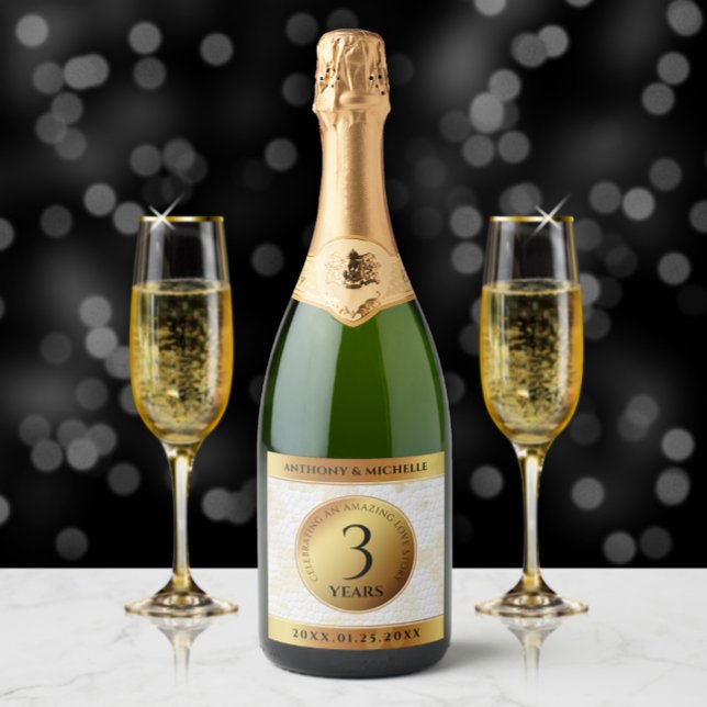 Elegant 3rd Leather Wedding Anniversary Sparkling Wine Label (Elegant 3rd Leather Wedding Anniversary Champagne Drink Label Cover Photo.)