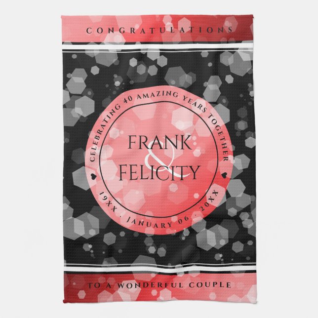 Elegant 40th 80th Ruby Wedding Anniversary Tea Towel (Vertical)