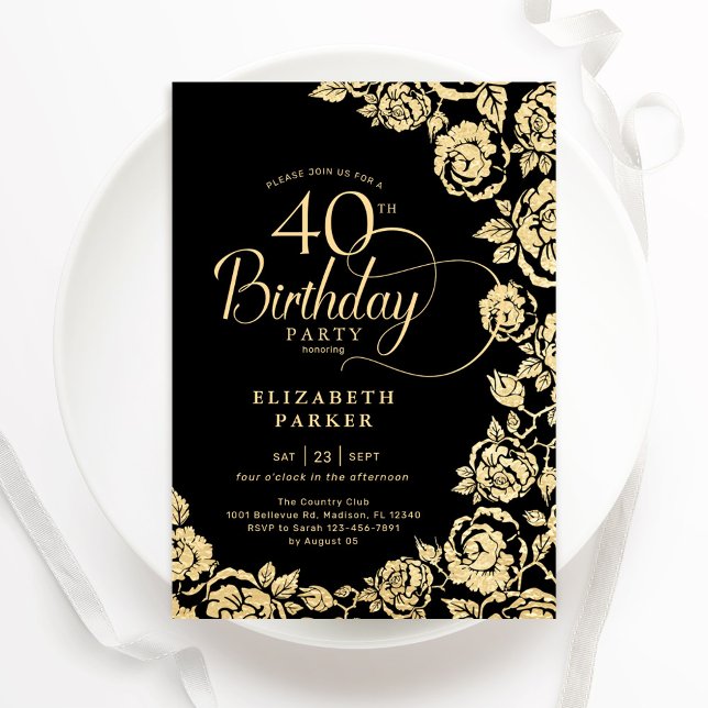 Elegant 40th Birthday Black Gold Roses Invitation (Creator Uploaded)