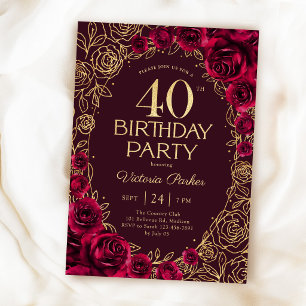 Elegant 40th Birthday Burgundy Gold Floral Invitation