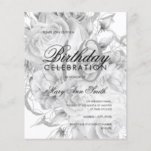 Elegant 40th Birthday Floral Silver White Invite Flyer