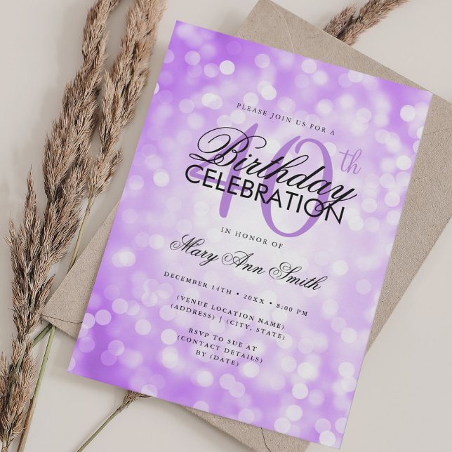 Elegant 40th Birthday Glam Purple Shimmer Light Invitation (Elegant 40th Birthday Glam Purple Shimmer Light Invitation)