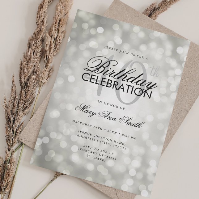 Elegant 40th Birthday Glam Silver Shimmer Lights Invitation (Elegant 40th Birthday Glam Silver Shimmer Lights Invitation)