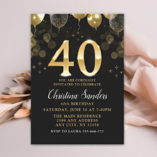 Elegant 40th Birthday Invitation with Gold Ballons