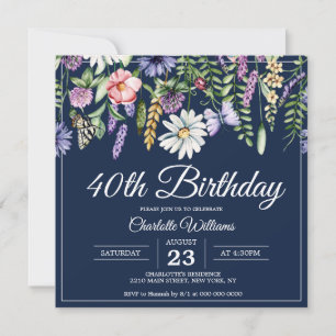 Elegant 40th Birthday Navy Blue Wildflowers Invitation