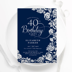 Elegant 40th Birthday Navy Silver Roses Invitation