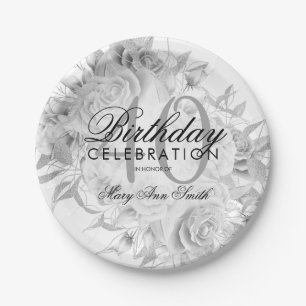 Elegant 40th Birthday Party Floral Silver White Paper Plate