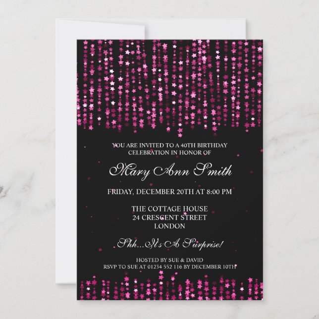 Elegant 40th Birthday Party Star Confetti Pink Invitation (Front)