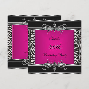 Elegant 40th Birthday Pink Zebra Black Silver Invitation