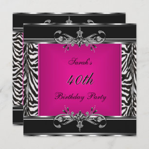 Elegant 40th Birthday Pink Zebra Black Silver Invitation