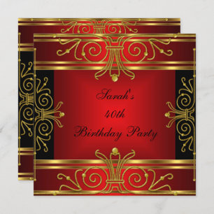 Elegant 40th Birthday Red Black Gold Art Deco Invitation