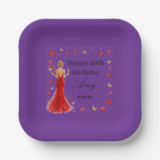 Elegant 40th Birthday red dress butterflies purple Paper Plate