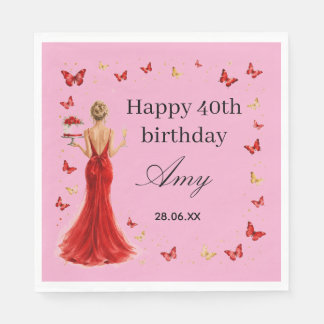 Elegant 40th Birthday red dress with butterflies Napkin