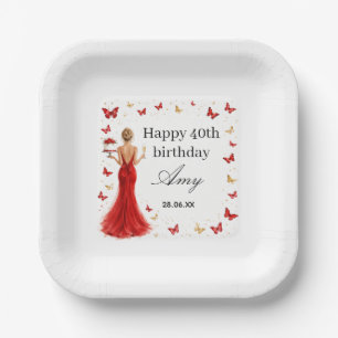 Elegant 40th Birthday red dress with butterflies Paper Plate