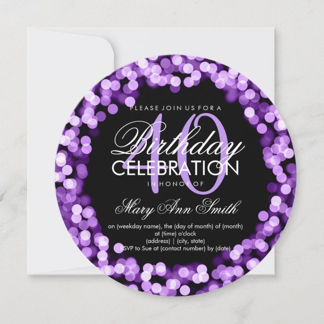 Elegant 40th Birthday Sparkling Lights Purple Invitation (Front)