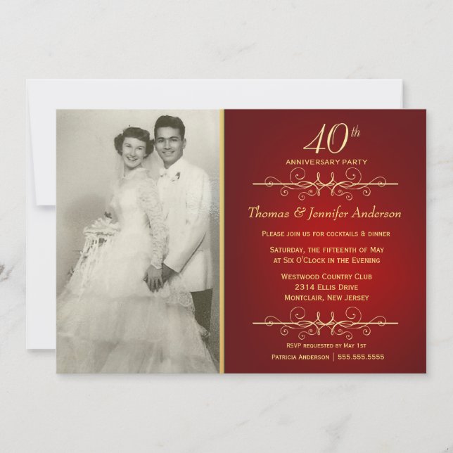 Elegant 40th Ruby Wedding Anniversary Invitations (Front)