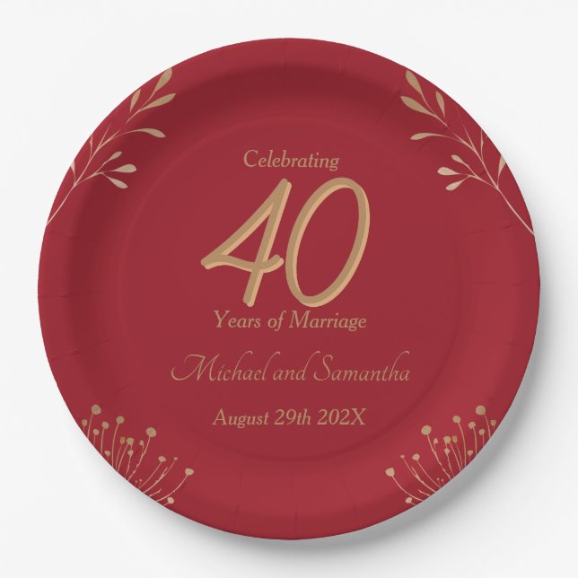 Elegant 40th Ruby Wedding Party Paper Plate (Front)