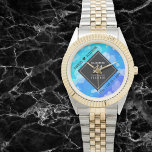 Elegant 41st Blue Topaz Wedding Anniversary Watch<br><div class="desc">Celebrate the 41st blue topaz wedding anniversary and a love that stands the test of time with this stylish watch! Elegant black and white lettering with hexagonal confetti on a cerulean blue background add a memorable touch for this special occasion and extraordinary milestone. Personalise with the couple's names and dates...</div>