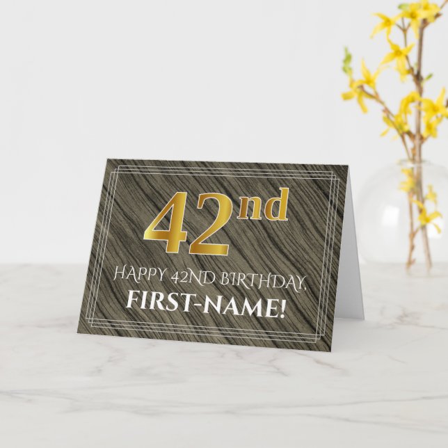 Elegant 42nd Birthday: Faux Wood, Faux Gold Look Card (Yellow Flower)