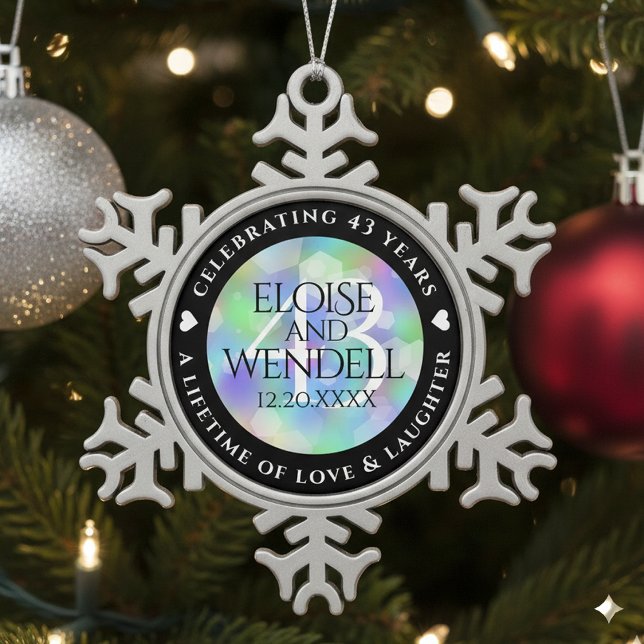 Elegant 43rd Opal Wedding Anniversary Celebration Snowflake Pewter Christmas Ornament (43rd Opal Wedding Anniversary Snowflake Pewter Ornament Cover Photo)