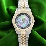 Elegant 43rd Opal Wedding Anniversary Celebration Watch<br><div class="desc">Celebrate the 43rd opal wedding anniversary with this commemorative watch! Elegant lettering with hexagonal confetti on an iridescent opal background add a memorable touch for this special occasion and extraordinary milestone. Customise with couple's names,  dates of marriage,  and congratulatory messages.

Design © W.H. Sim. See more at zazzle.com/expressionsoccasions</div>
