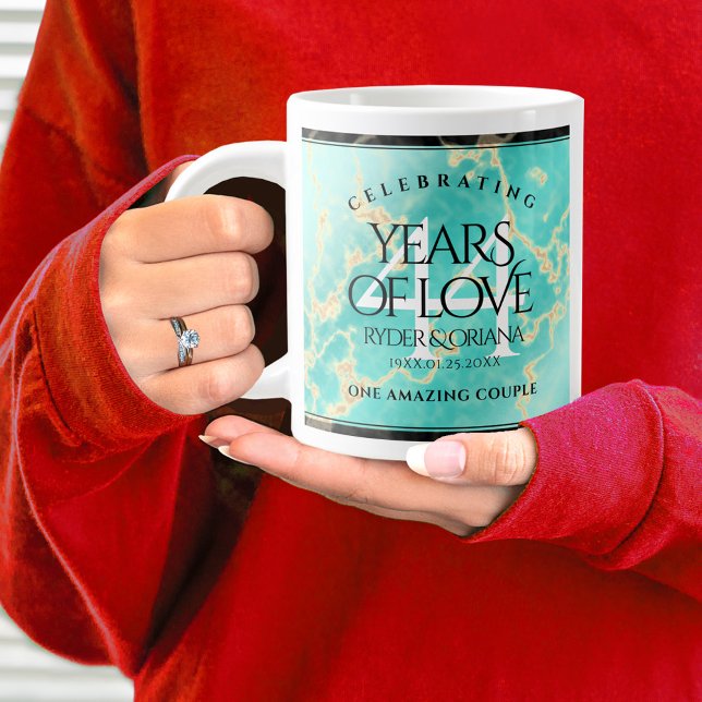 Elegant 44th Turquoise Wedding Anniversary Large Coffee Mug (44th wedding anniversary jumbo mug held by woman sporting a wedding ring and red sweatshirt.)