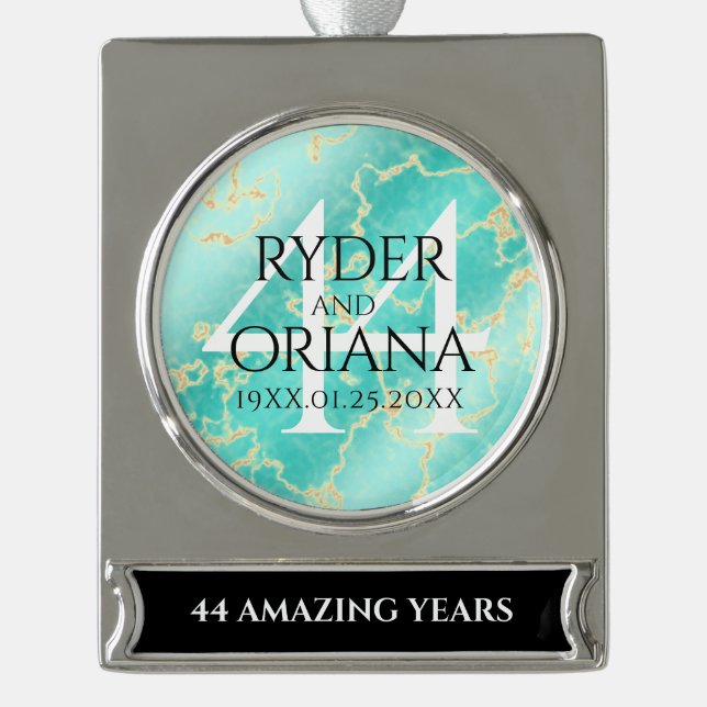 Elegant 44th Turquoise Wedding Anniversary Silver Plated Banner Ornament (Front)