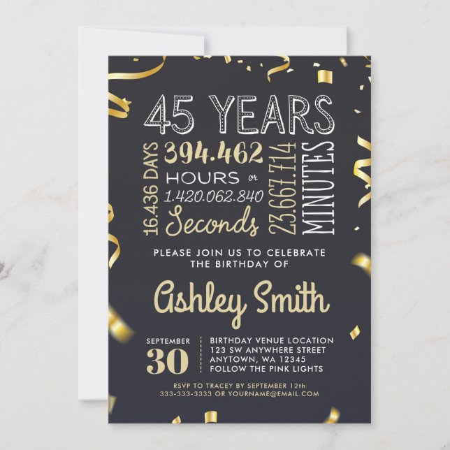Elegant 45th Birthday Invitation Gold Glitter (Front)