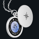Elegant 45th Sapphire Wedding Anniversary Locket Necklace<br><div class="desc">Celebrate the 45th sapphire wedding anniversary in style with this commemorative locket! Elegant black serif and sans serif lettering with hexagonal confetti on a sapphire blue background add a memorable touch for this special occasion and extraordinary milestone. Customise with the happy couple's names, and add a date for their sapphire...</div>