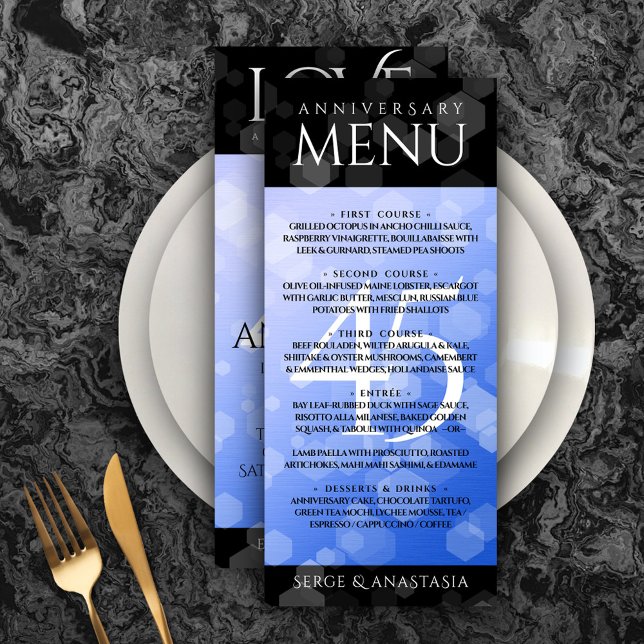 Elegant 45th Sapphire Wedding Anniversary Menu (Elegant 45th Sapphire Wedding Anniversary Menu Rack Card Cover Photo.)